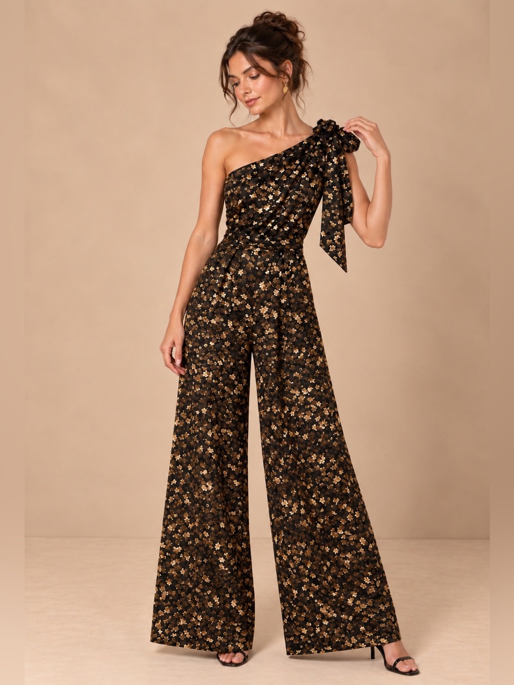 Ramy Brook Black Gold Velvet Speckled Appliqué One Shoulder Wide Leg Jumpsuit 00